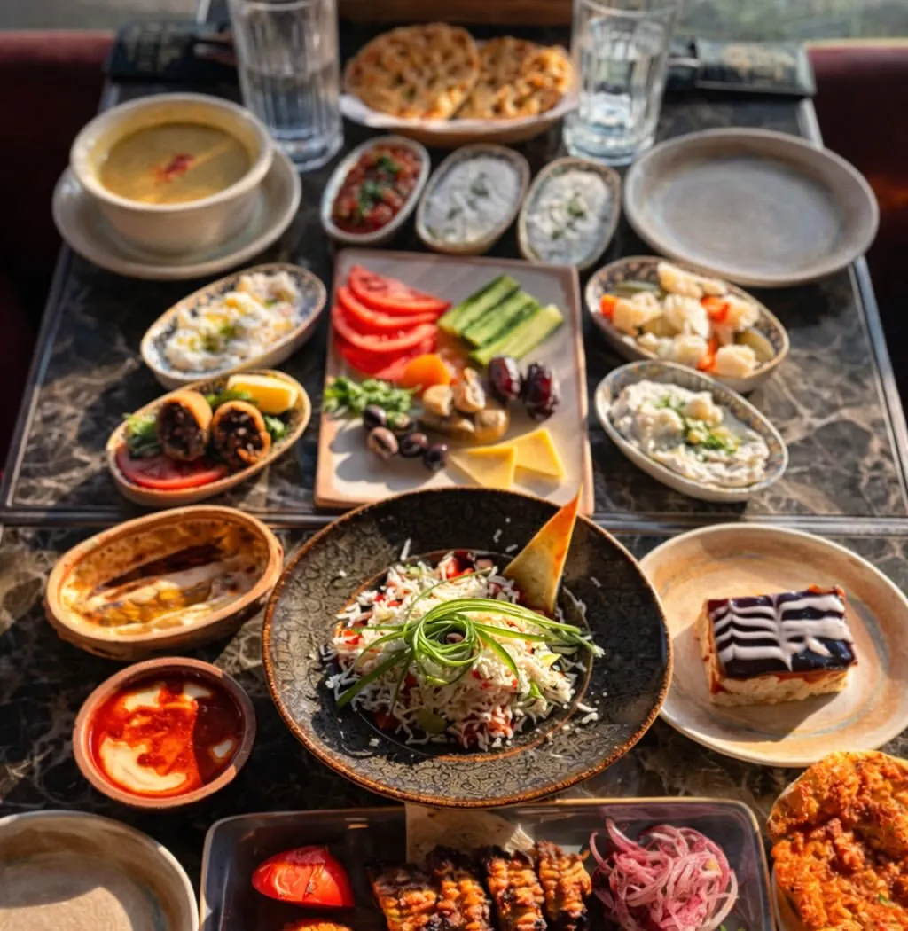 Hürrem'de zengin bir sofra — mezeler, ızgaralar ve tatlılar